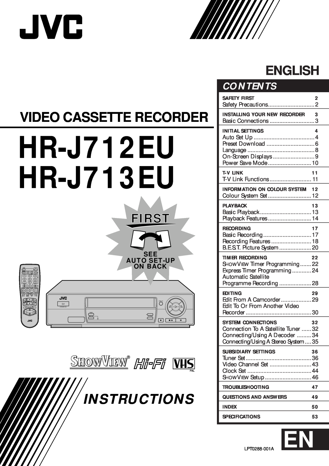 JVC specifications HR-J712EU HR-J713EU, Video Cassette Recorder, Instructions, English, First, Contents 