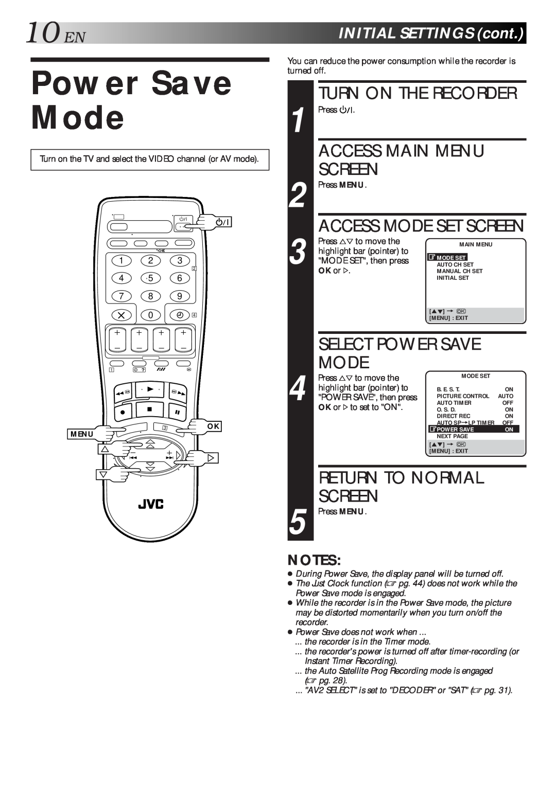 JVC HR-J712EU Power Save Mode, Access Main Menu, Screen, Return To Normal, 10ENINITIALSETTINGScont, Select Power Save 