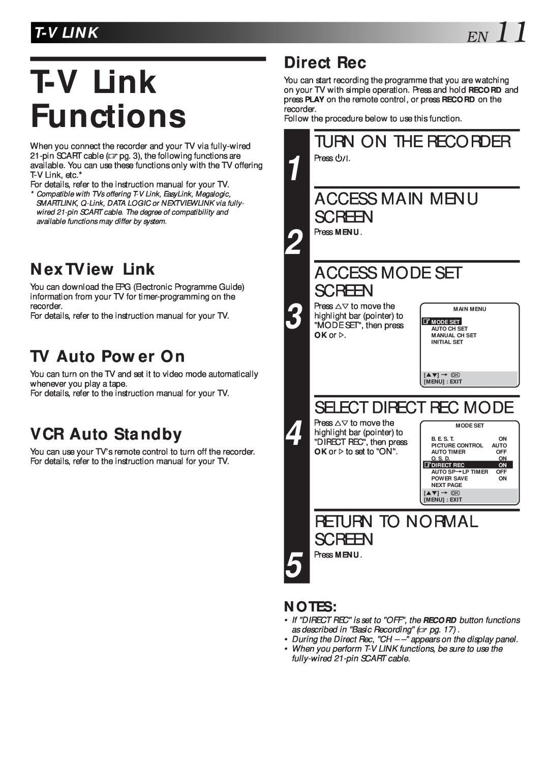 JVC HR-J713EU T-V Link Functions, Access Mode Set, T-Vlink, NexTView Link, TV Auto Power On, VCR Auto Standby, Direct Rec 