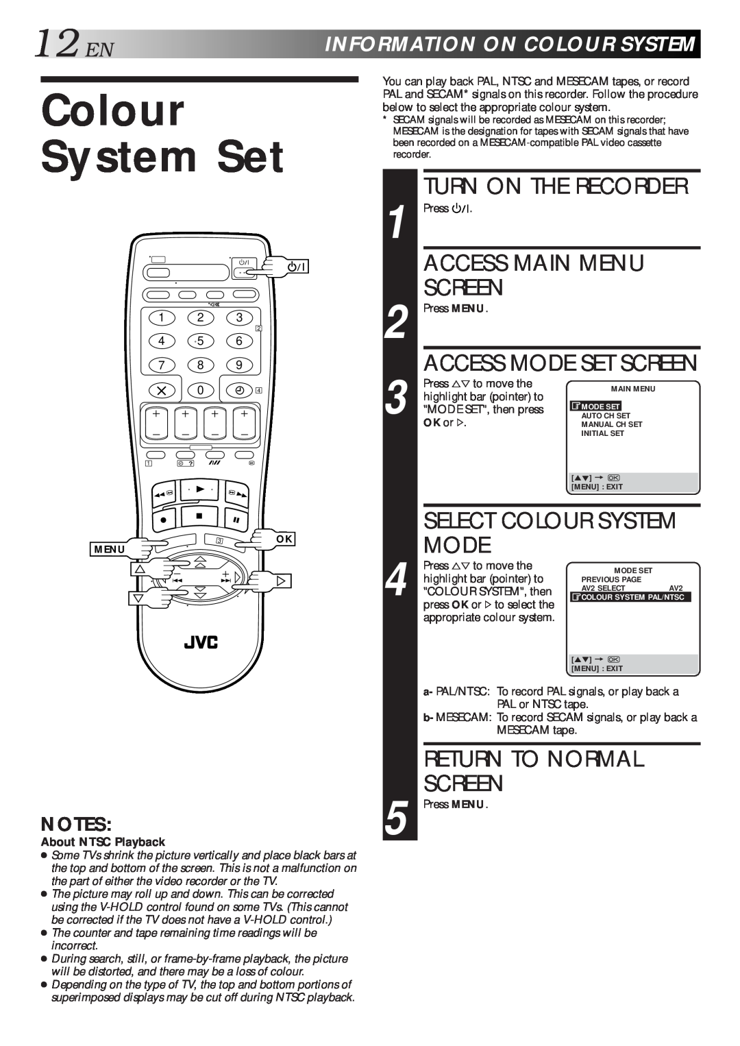 JVC HR-J712EU Colour System Set, 12EN, Mode, Return To Normal Screen, Informationoncoloursystem, Select Colour System 