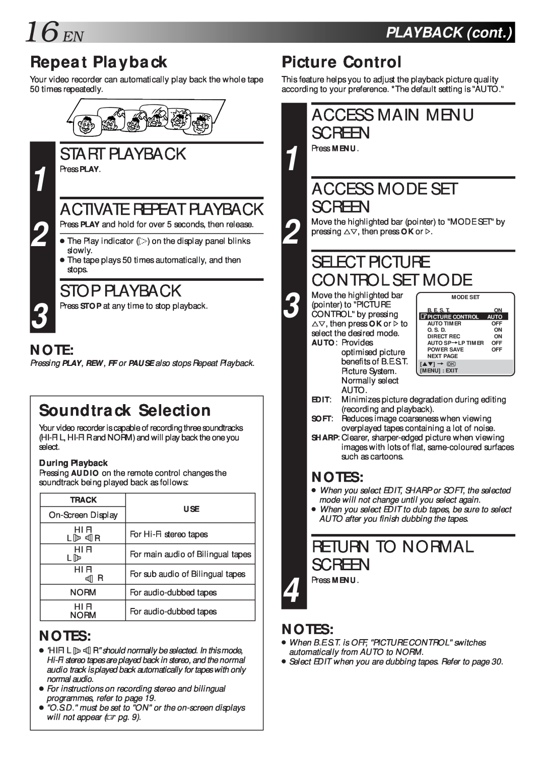 JVC HR-J712EU Access Mode Set, Select Picture, Control Set Mode, 16ENPLAYBACKcont, Repeat Playback, Picture Control 