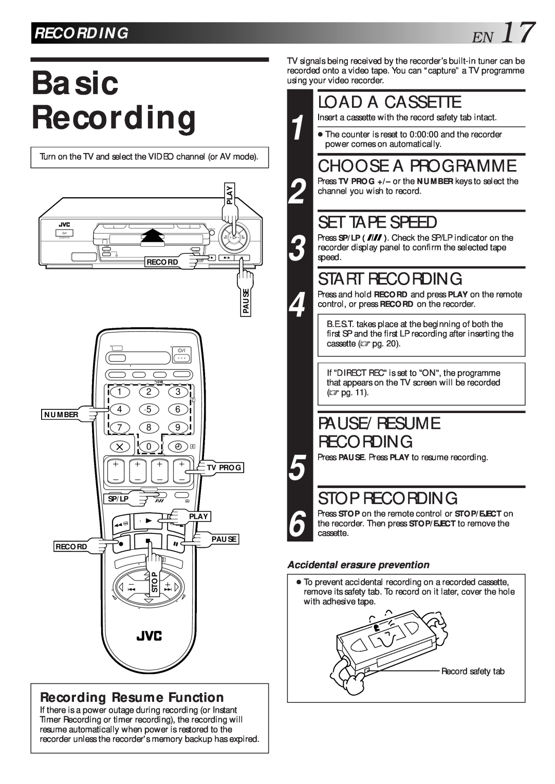 JVC HR-J713EU Basic Recording, Choose A Programme, Set Tape Speed, Start Recording, Pause/Resume, Stop Recording, EN17 