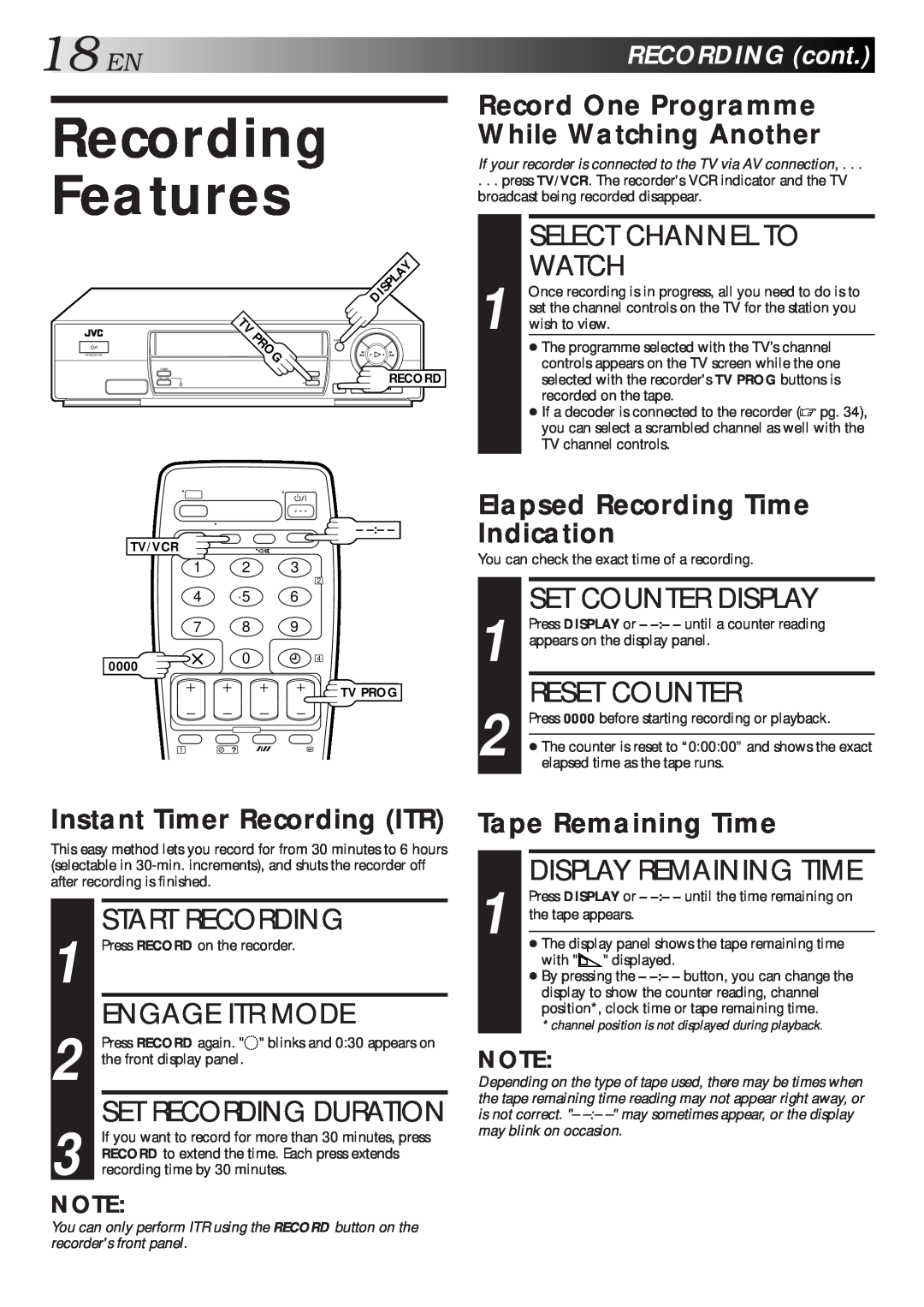 JVC HR-J712EU Recording Features, 18EN, Select Channel To Watch, Set Counter Display, Reset Counter, Engage Itr Mode, Prog 