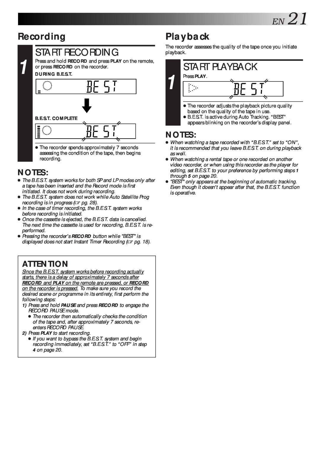 JVC HR-J713EU, HR-J712EU specifications EN21, Start Recording, Start Playback 