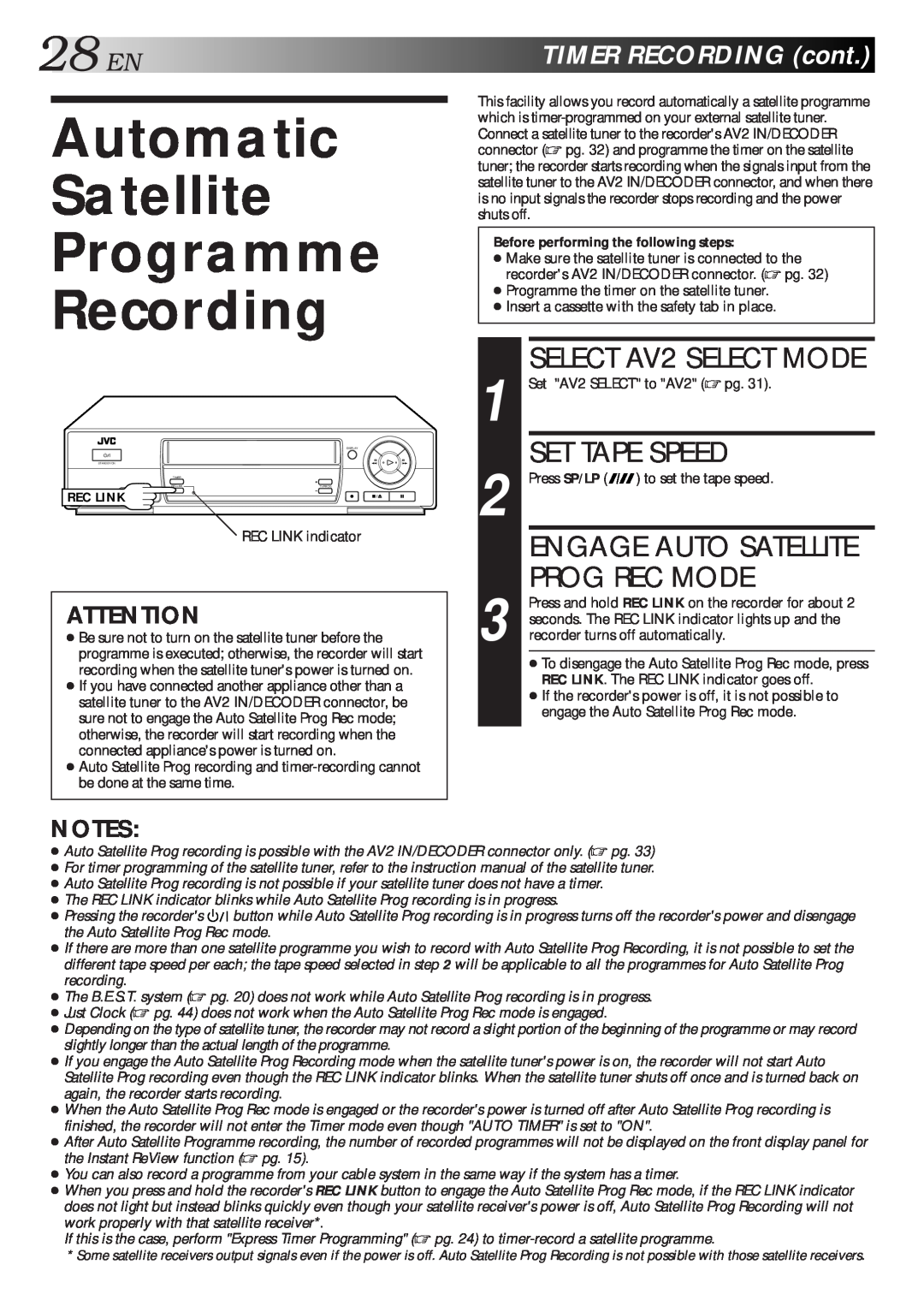 JVC HR-J712EU Automatic Satellite Programme Recording, Prog Rec Mode, 28ENTIMERRECORDINGcont, Engage Auto Satellite 
