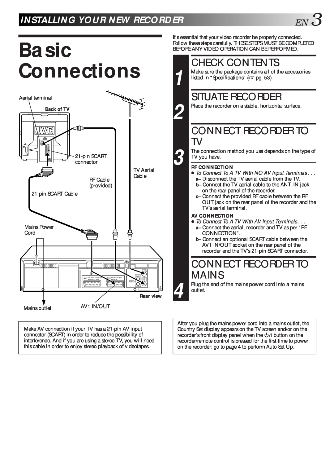 JVC HR-J713EU Basic Connections, Check Contents, Situate Recorder, Connect Recorder To Mains, Installingyournewrecorder 