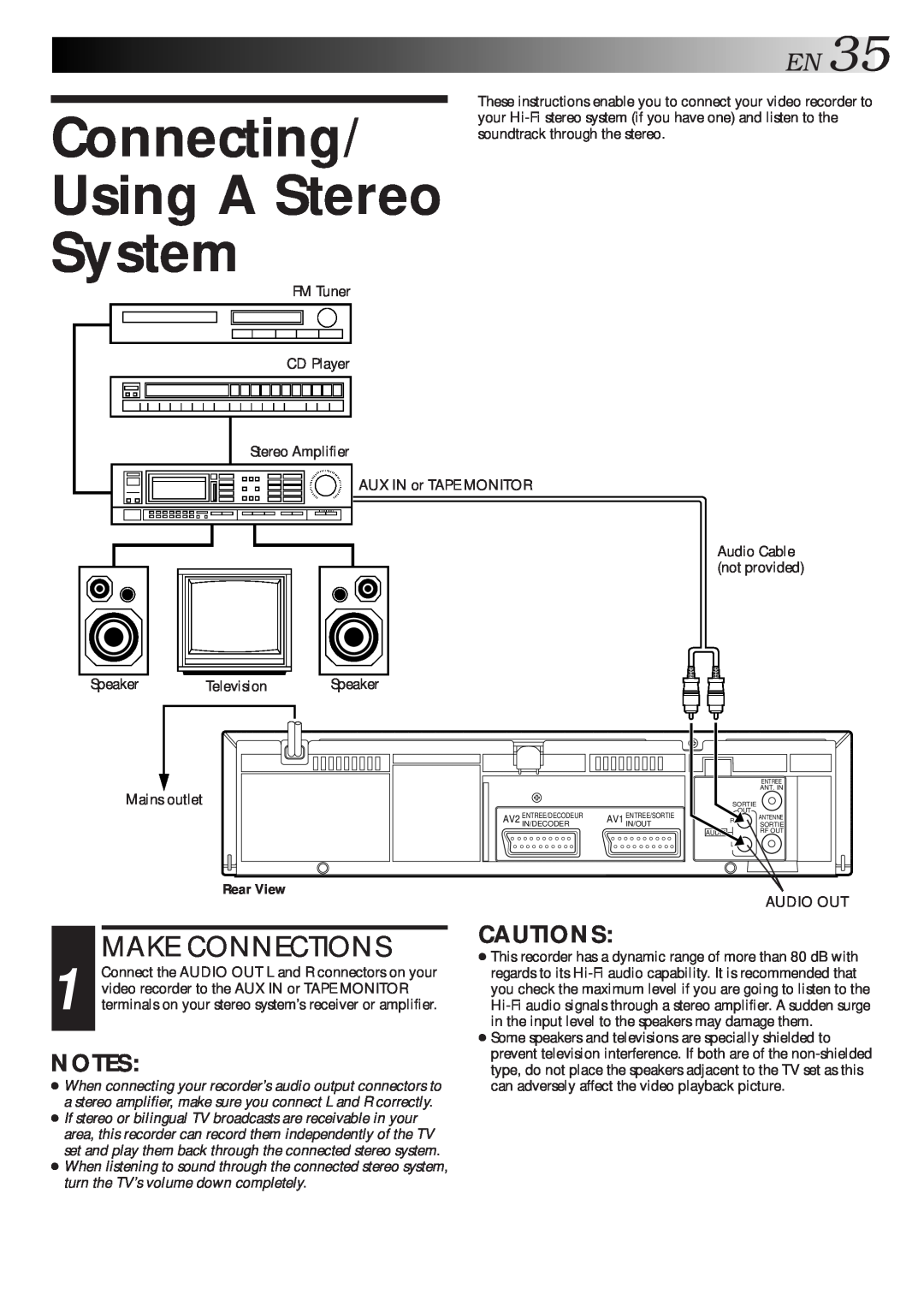 JVC HR-J713EU, HR-J712EU specifications Connecting Using A Stereo System, EN35, Cautions, Make Connections 