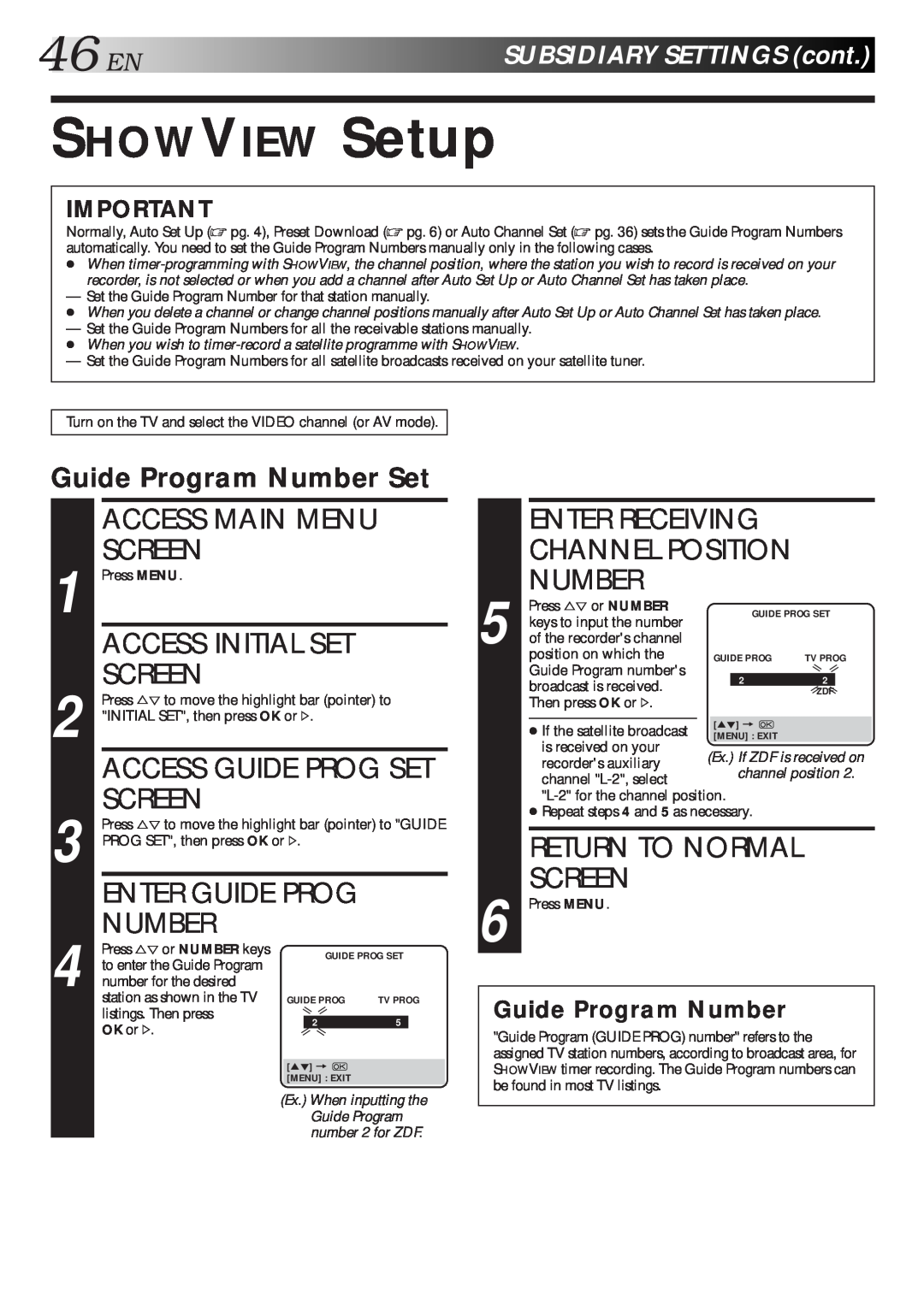 JVC HR-J712EU SHOWVIEW Setup, 46EN, Enter Receiving Channel Position Number, Guide Program Number Set, Screen 