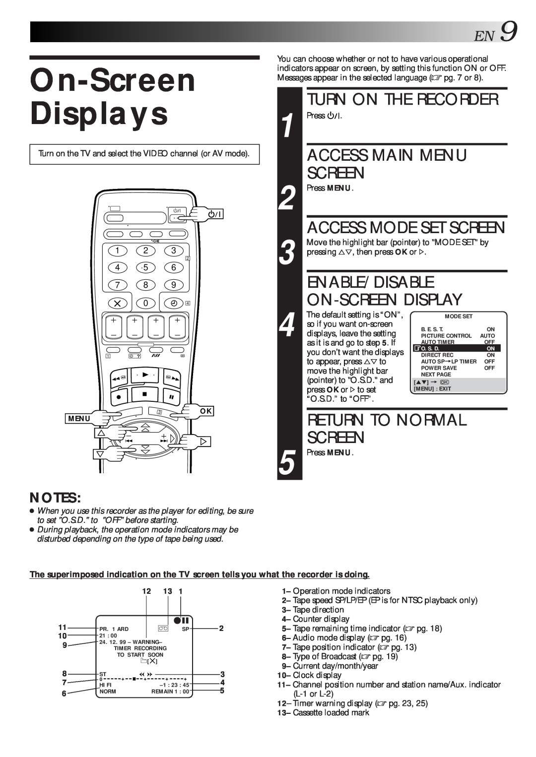 JVC HR-J713EU On-Screen Displays, Enable/Disable, Access Mode Set Screen, Turn On The Recorder, Access Main Menu 