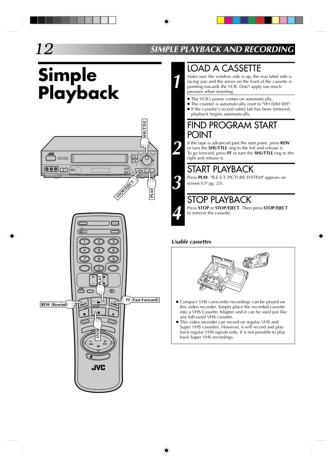 JVC HR-J730KR manual Simple Playback, Load a Cassette, Find Program Start Point, Start Playback, Stop Playback 