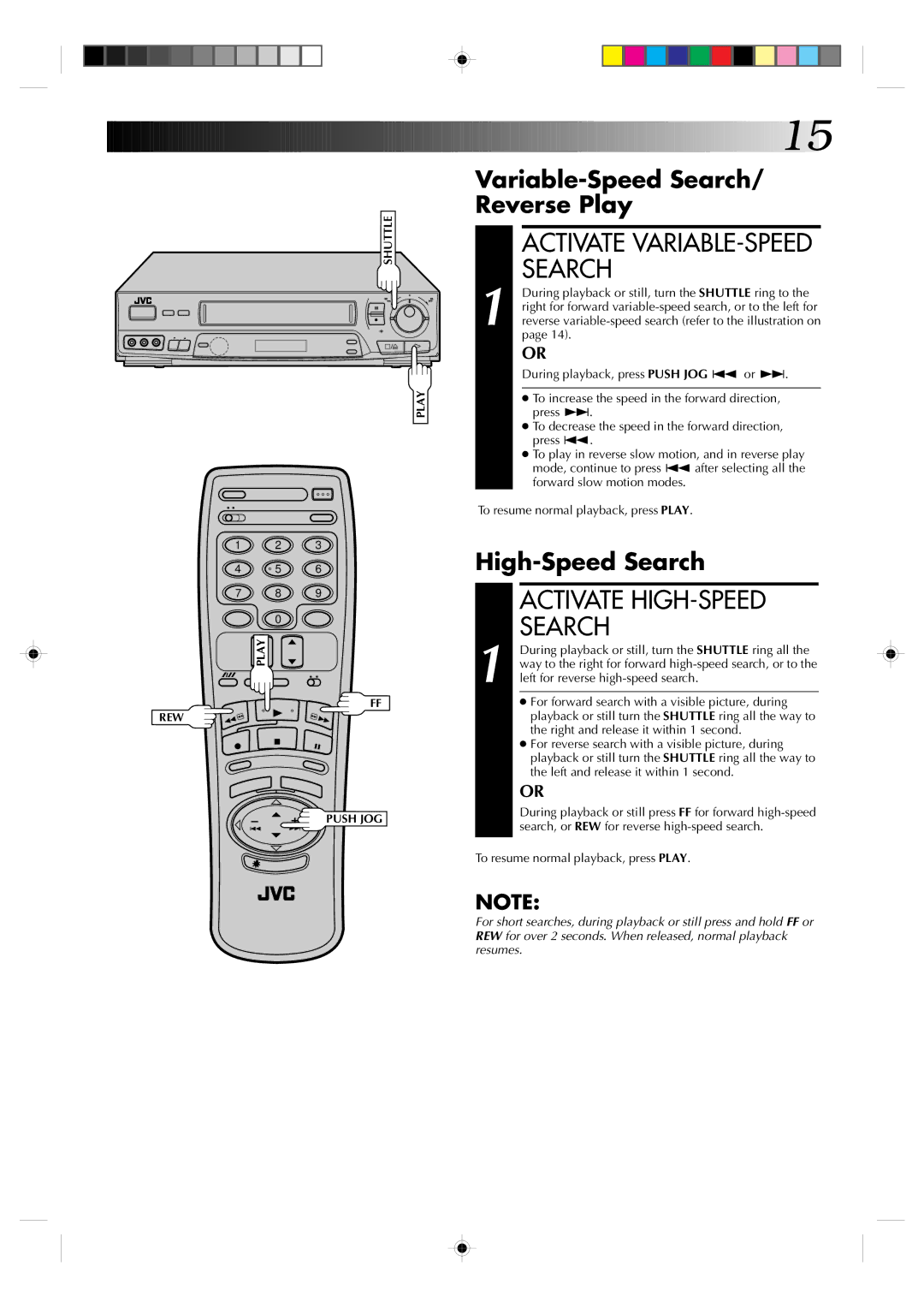 JVC HR-J730KR manual Activate VARIABLE-SPEED Search, Activate HIGH-SPEED Search, Variable-Speed Search Reverse Play 