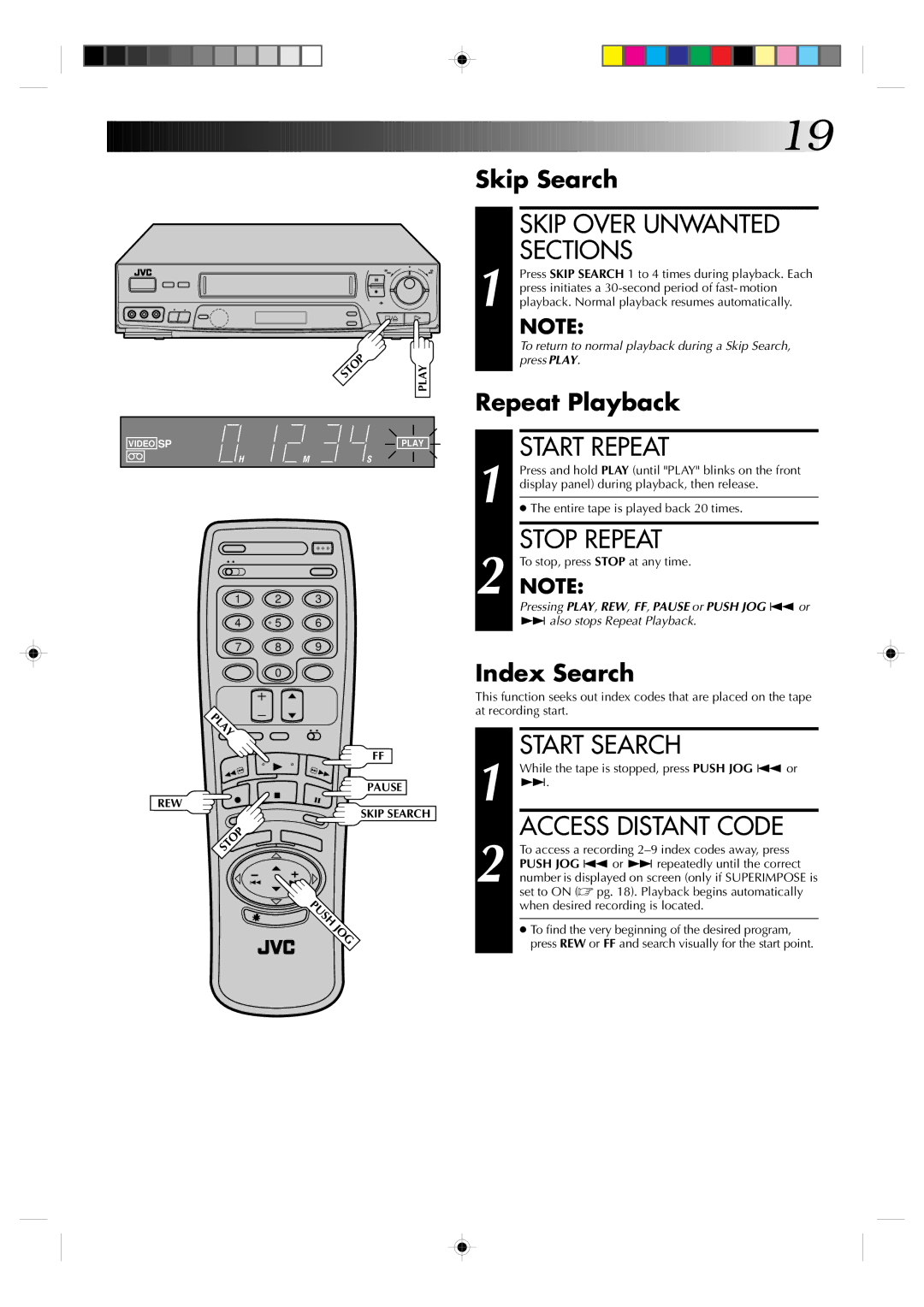 JVC HR-J730KR manual Skip Over Unwanted Sections, Start Repeat, Stop Repeat, Start Search, Access Distant Code 