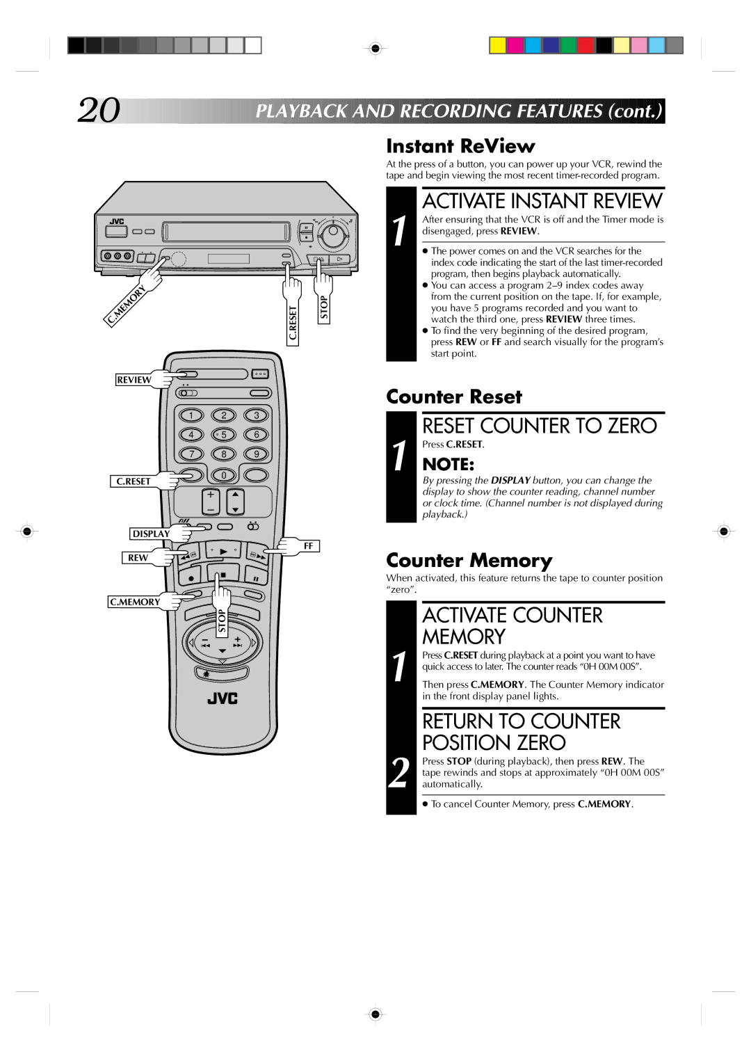 JVC HR-J730KR manual Activate Instant Review, Activate Counter, Memory, Return to Counter Position Zero 