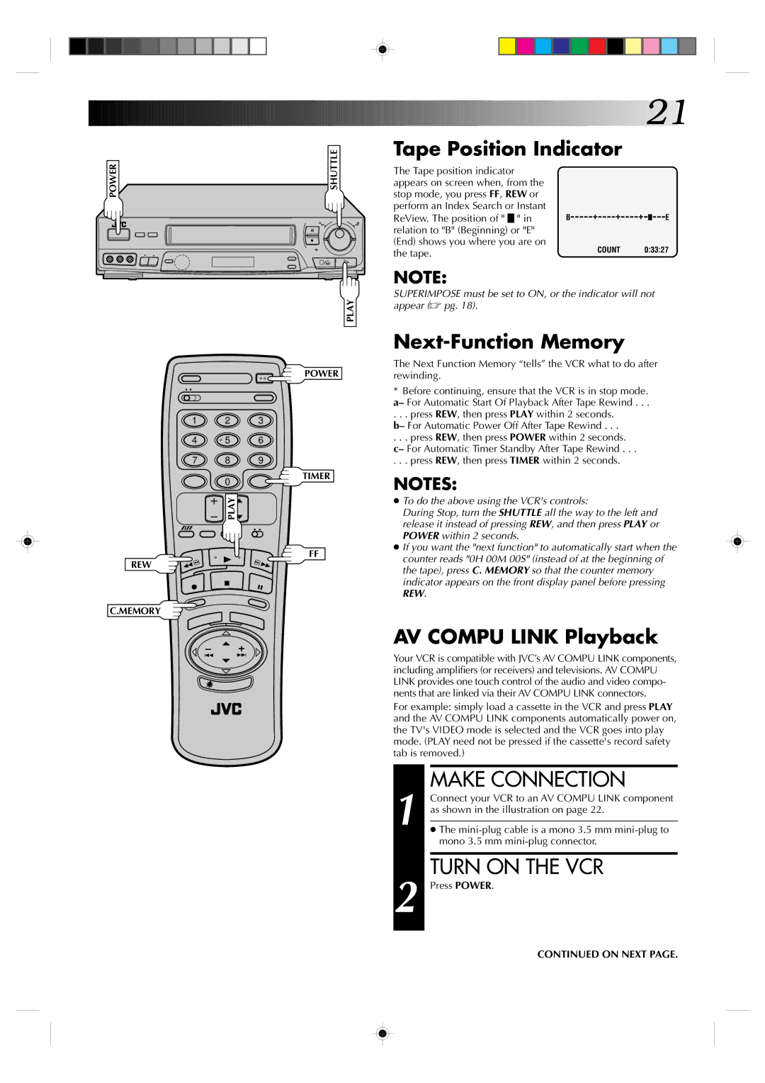 JVC HR-J730KR manual Make Connection, Tape Position Indicator, Next-Function Memory, AV Compu Link Playback 