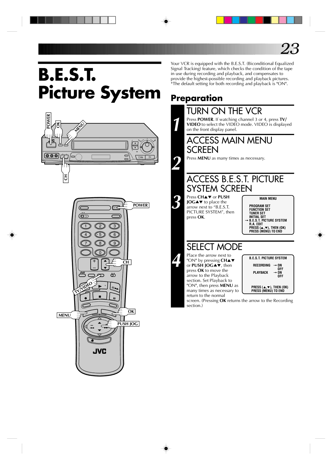 JVC HR-J730KR manual Access B.E.S.T. Picture System Screen, Select Mode, Preparation 