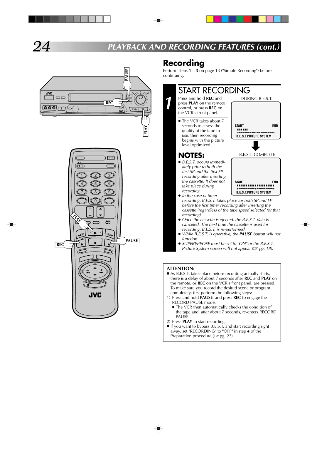 JVC HR-J730KR manual Recording, Press and hold REC, Quality of the tape Use, then recording 