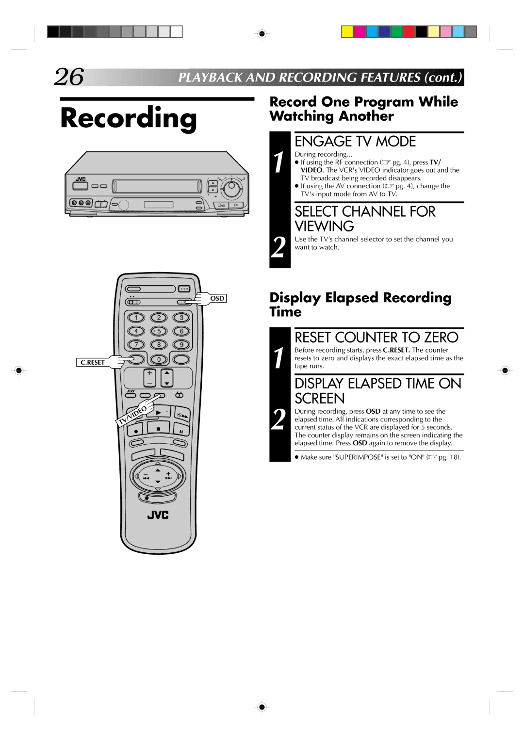 JVC HR-J730KR Recording, Engage TV Mode, Select Channel for Viewing, Reset Counter to Zero, Display Elapsed Time on Screen 