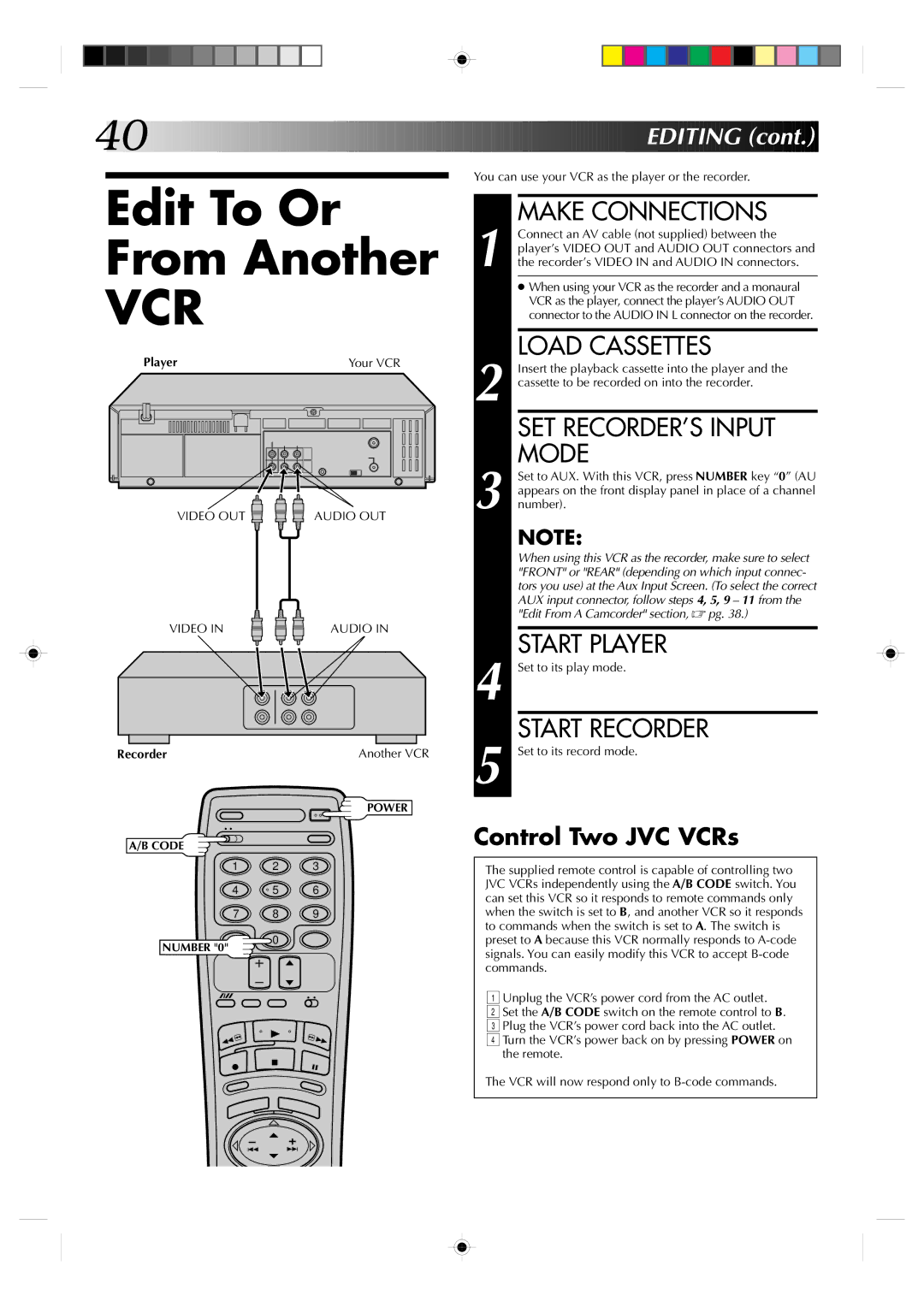 JVC HR-J730KR manual Edit To Or From Another, Load Cassettes, SET RECORDER’S Input Mode, Start Player, Control Two JVC VCRs 