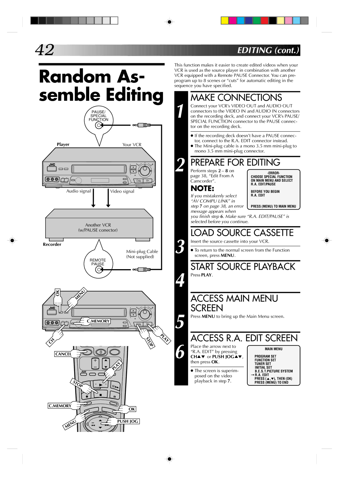 JVC HR-J730KR manual Random As- semble Editing, Prepare for Editing, Load Source Cassette 