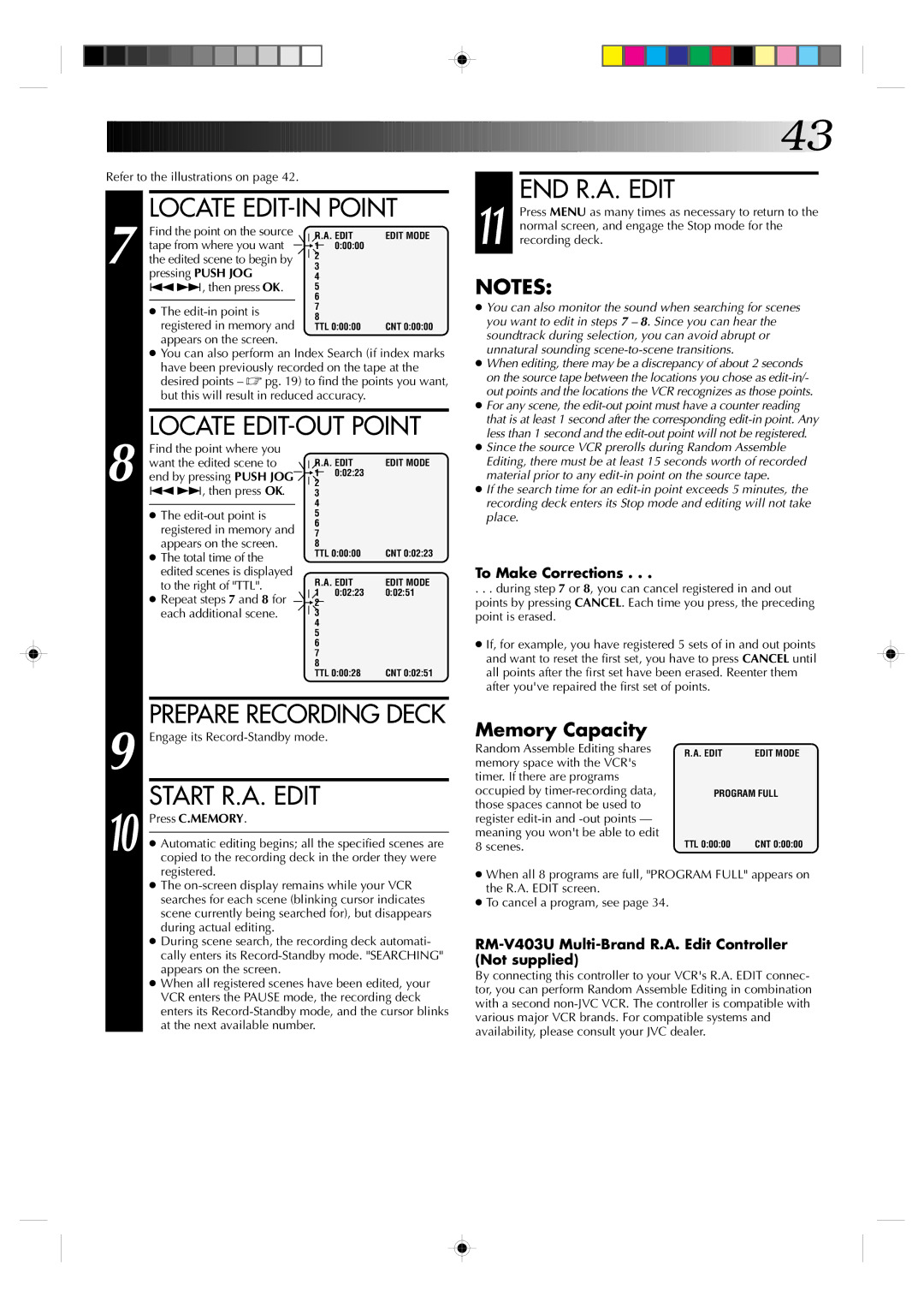 JVC HR-J730KR manual END R.A. Edit, Start R.A. Edit 