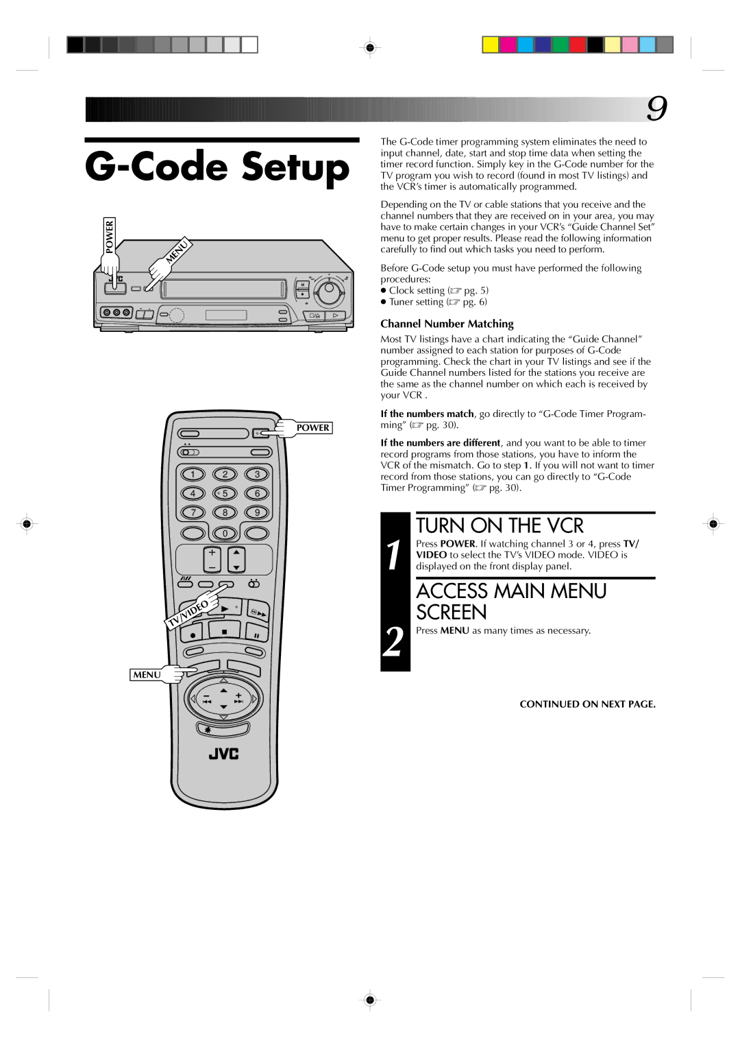 JVC HR-J730KR manual Code Setup, Access Main Menu Screen 