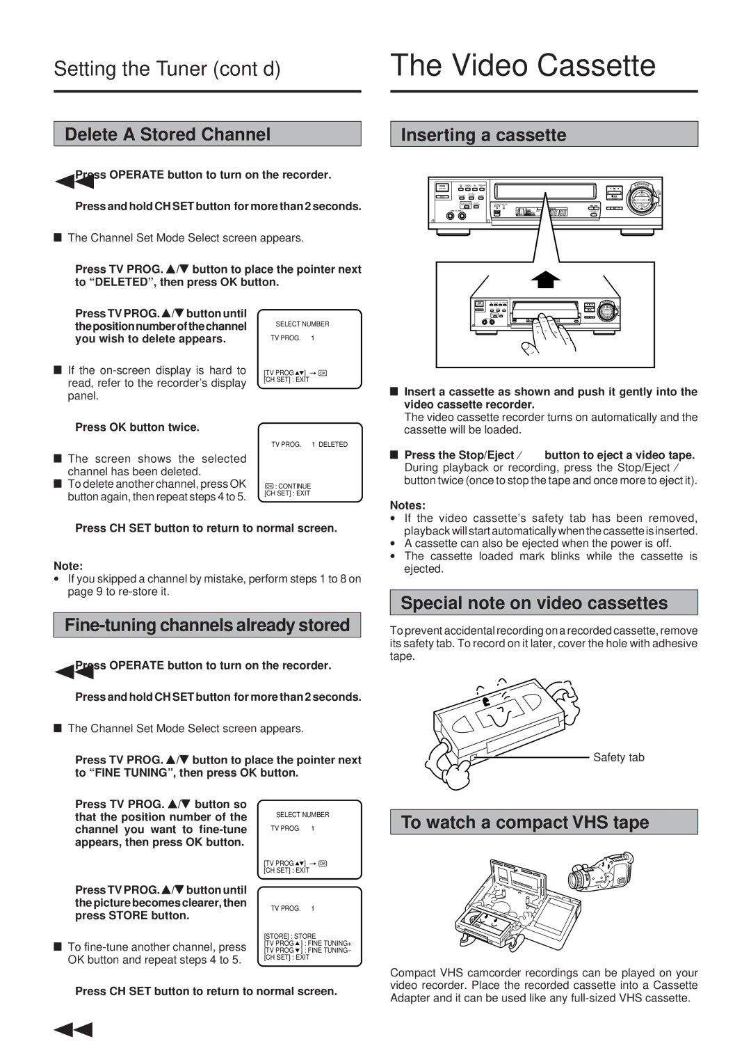 JVC HR-J73MS manual Video Cassette, Setting the Tuner cont’d 