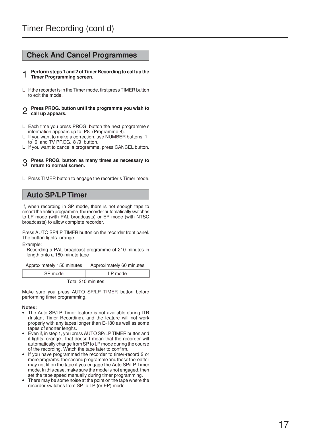 JVC HR-J73MS manual Timer Recording cont’d, Check And Cancel Programmes, Auto SP/LP Timer, Timer Programming screen 