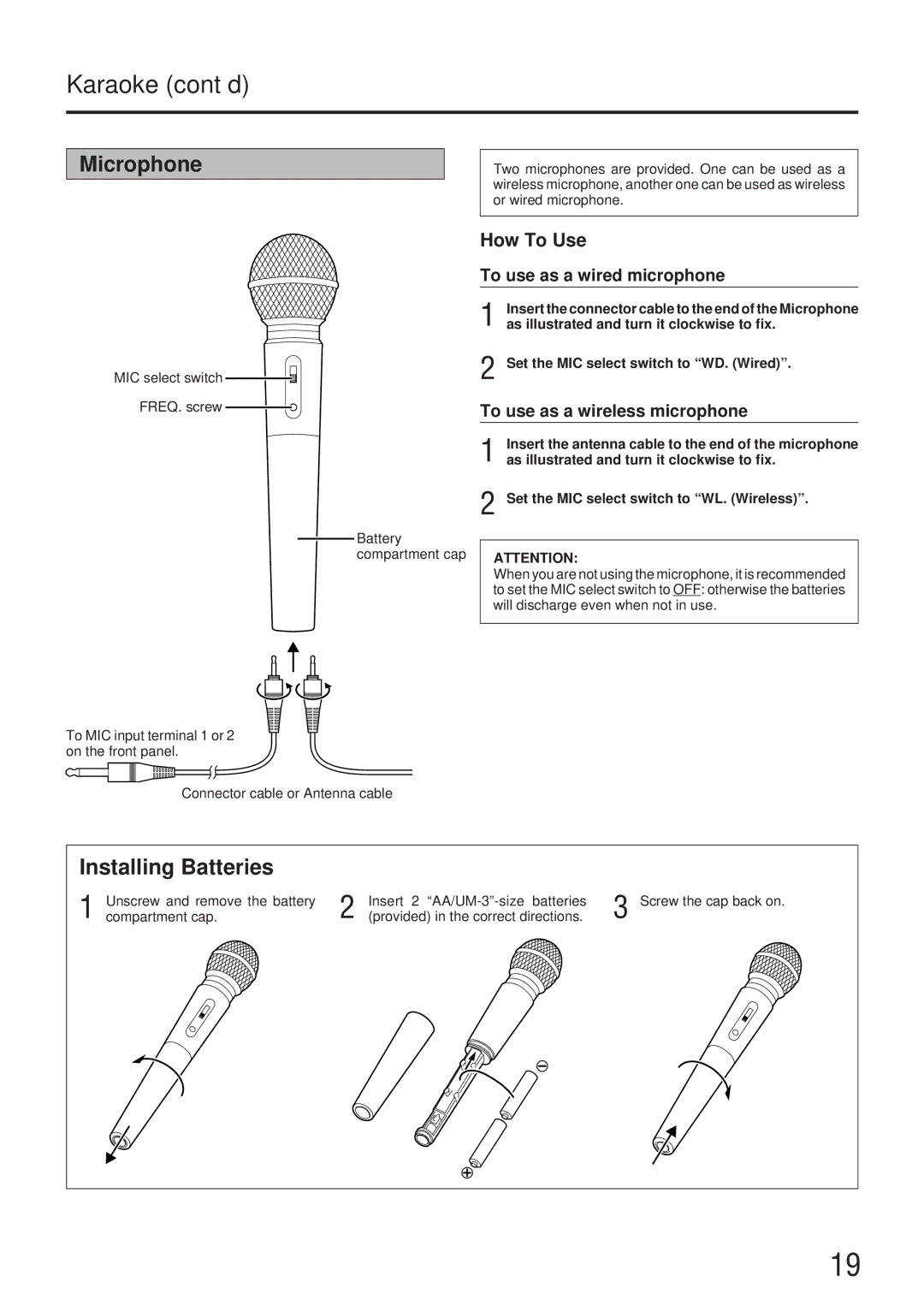 JVC HR-J73MS manual Karaoke cont’d, Microphone, Provided in the correct directions 