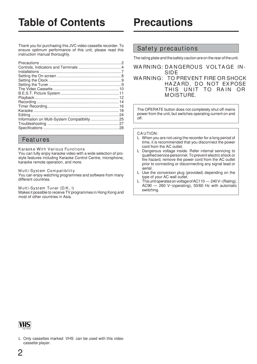 JVC HR-J73MS manual Table of Contents Precautions 