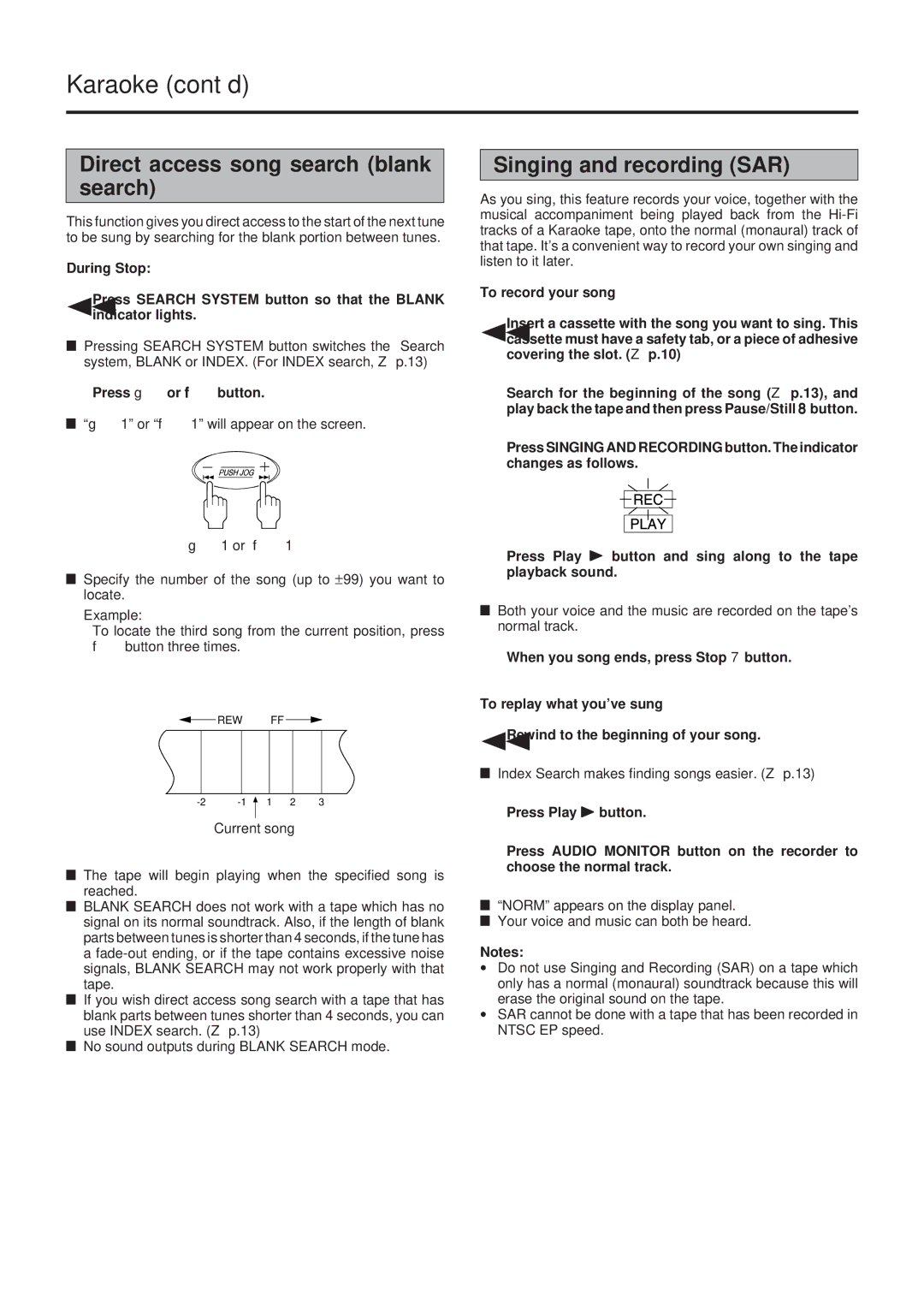 JVC HR-J73MS manual Direct access song search blank search, Singing and recording SAR 