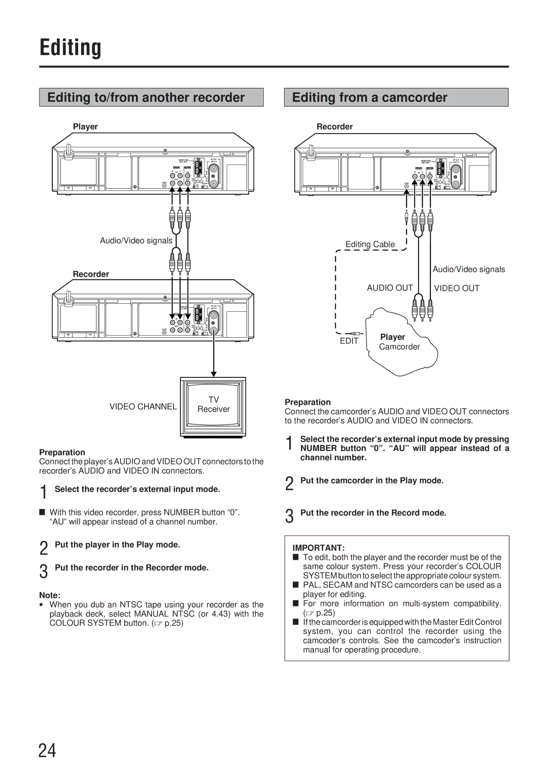 JVC HR-J73MS manual Editing to/from another recorder, Editing from a camcorder 