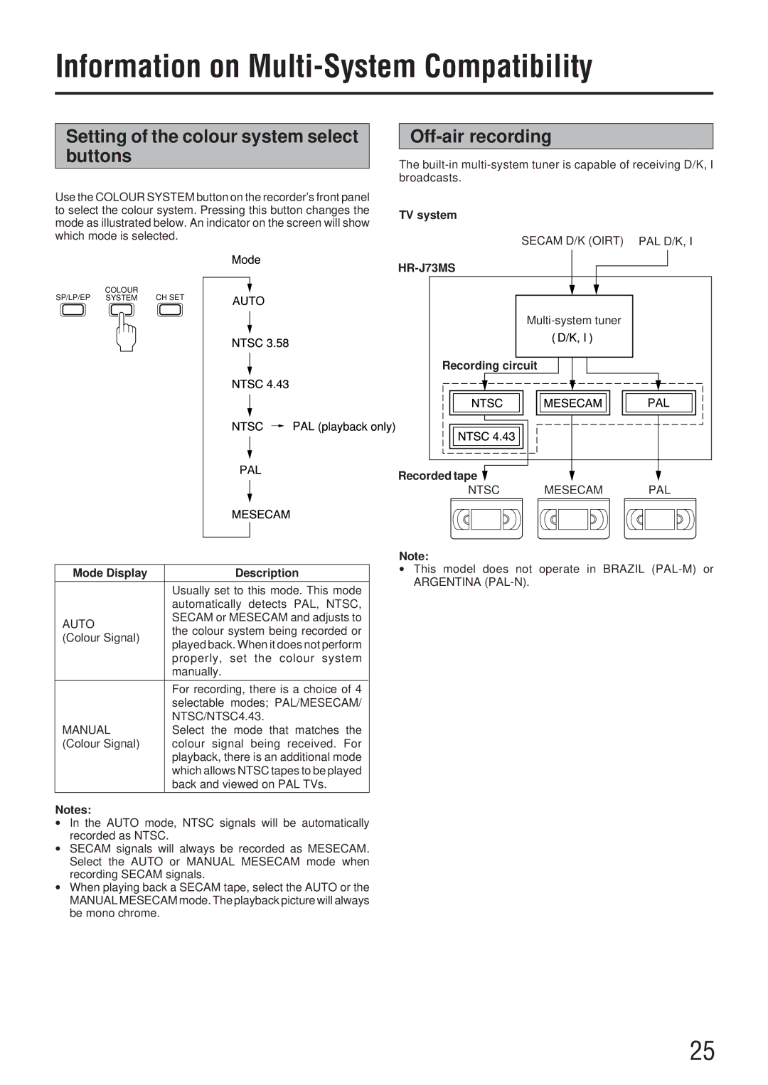 JVC HR-J73MS Information on Multi-System Compatibility, Setting of the colour system select buttons, Off-air recording 