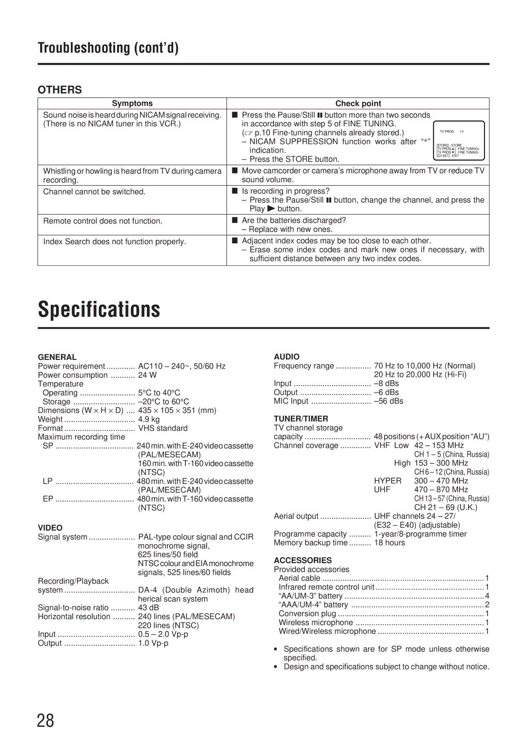 JVC HR-J73MS manual Specifications, Troubleshooting cont’d, Hyper, Uhf 