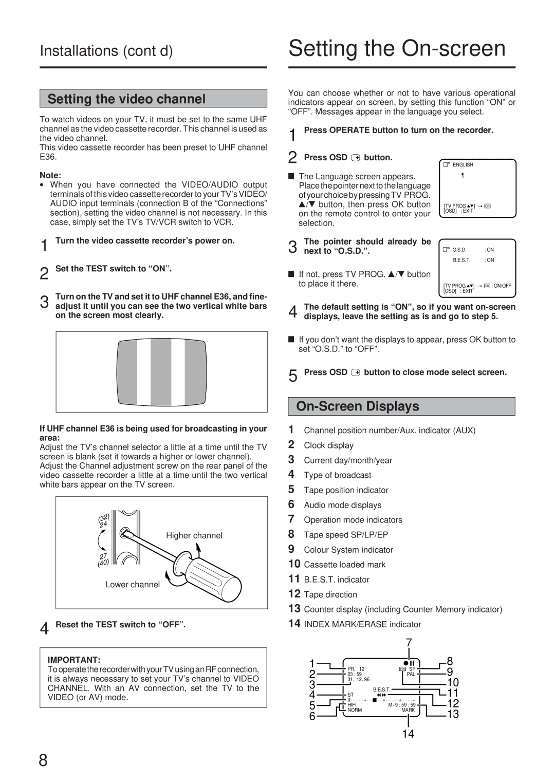 JVC HR-J73MS manual Setting the On-screen, Installations cont’d, Setting the video channel, On-Screen Displays 