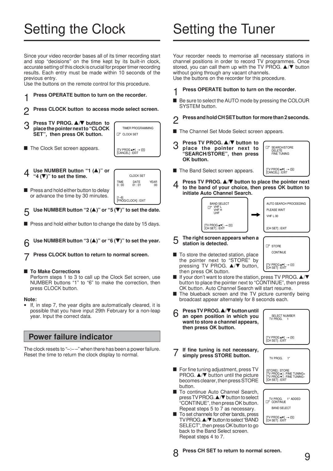 JVC HR-J73MS manual Setting the Clock Setting the Tuner, Power failure indicator 