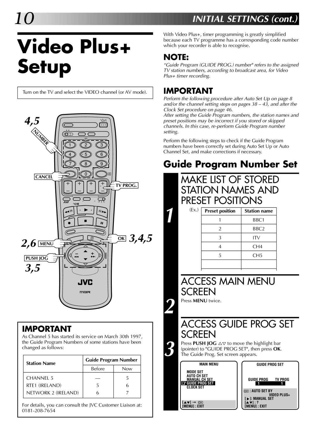 JVC HR-J745EK, HR-J249EK Video Plus+ Setup, Make List of Stored Station Names Preset Positions, Guide Program Number Set 