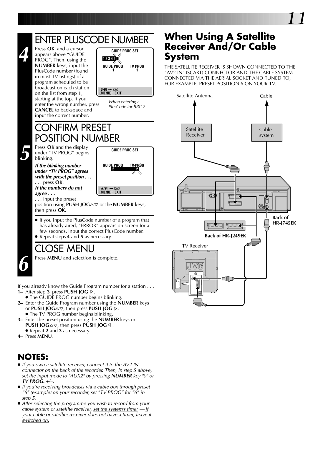 JVC HR-J249EK Confirm Preset Position Number, Close Menu, When Using a Satellite Receiver And/Or Cable System, Back 