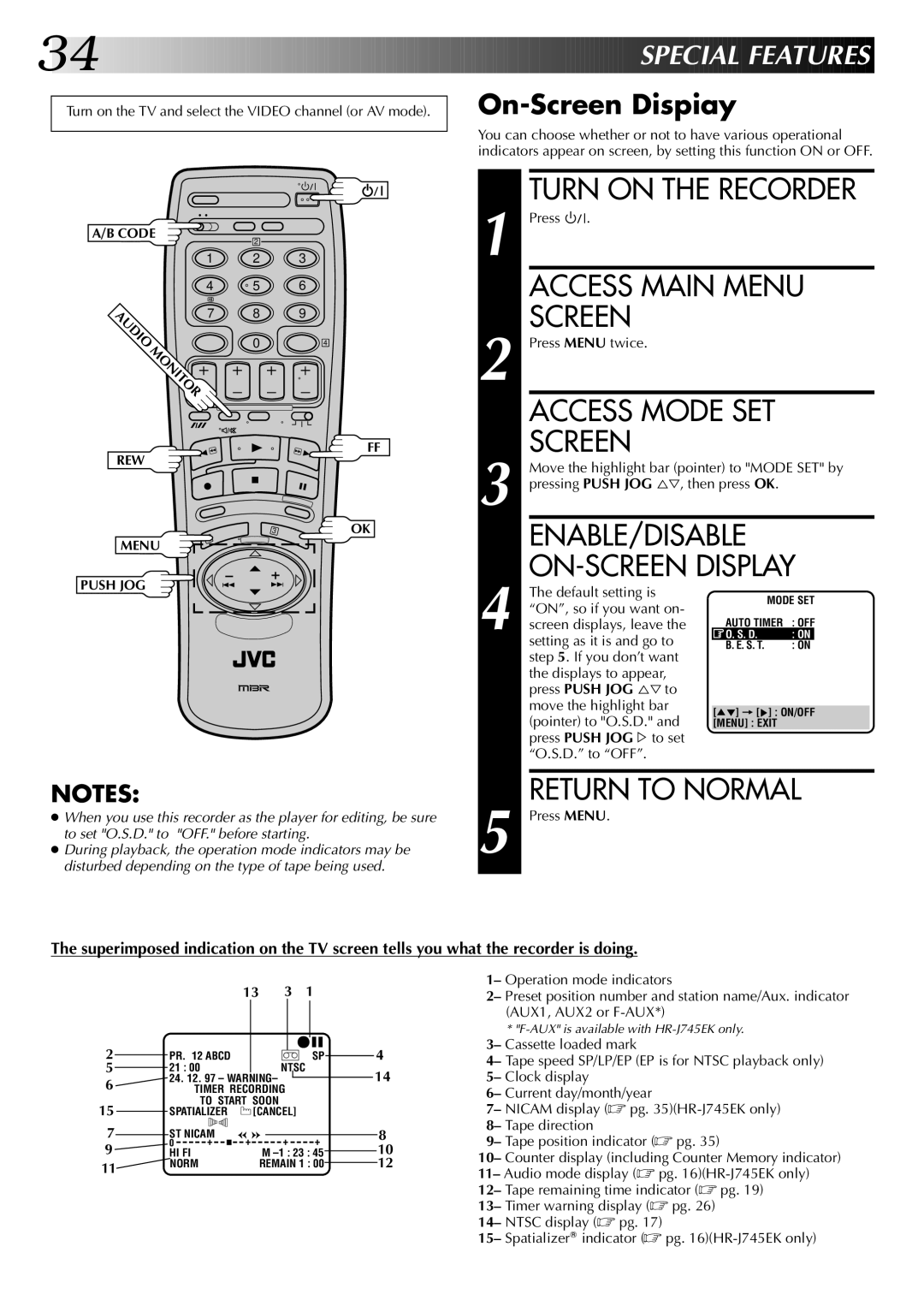 JVC HR-J745EK Turn on the Recorder, ENABLE/DISABLE ON-SCREEN Display, On-Screen Dispiay, Press Push JOG %Þto, 13 3 