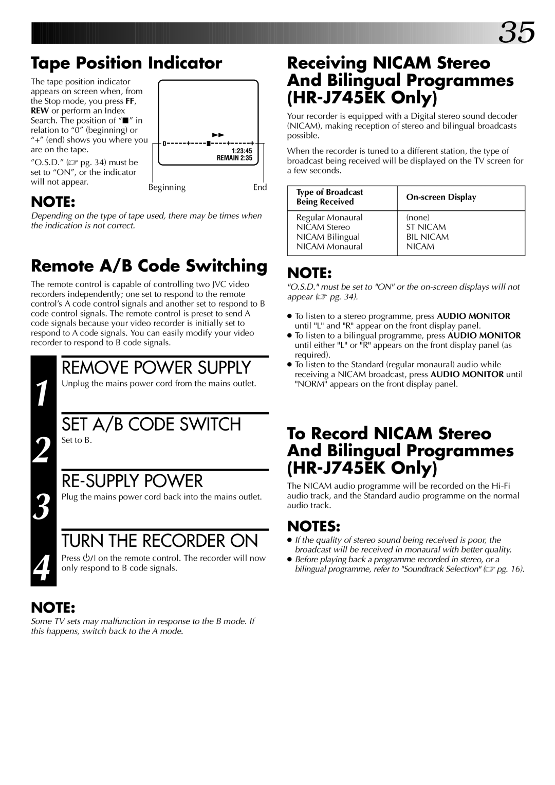 JVC HR-J249EK, HR-J745EK instruction manual SET A/B Code Switch, RE-SUPPLY Power 