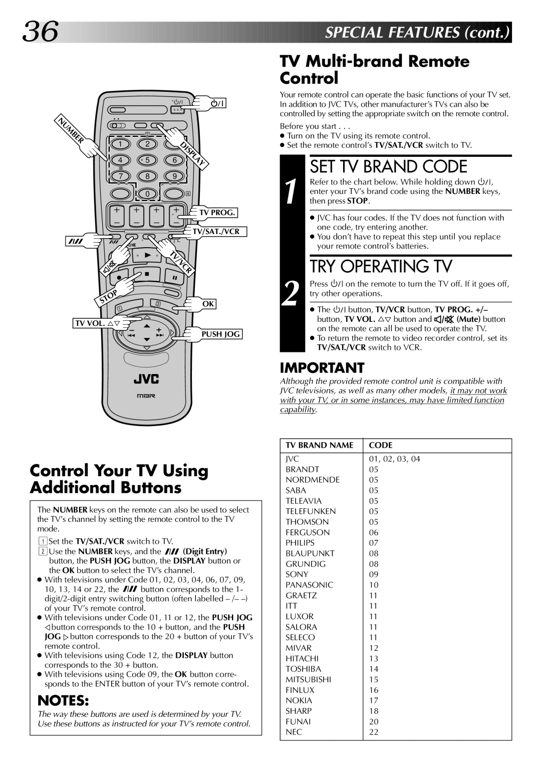 JVC HR-J745EK SET TV Brand Code, TRY Operating TV, TV Multi-brand Remote Control, Control Your TV Using Additional Buttons 