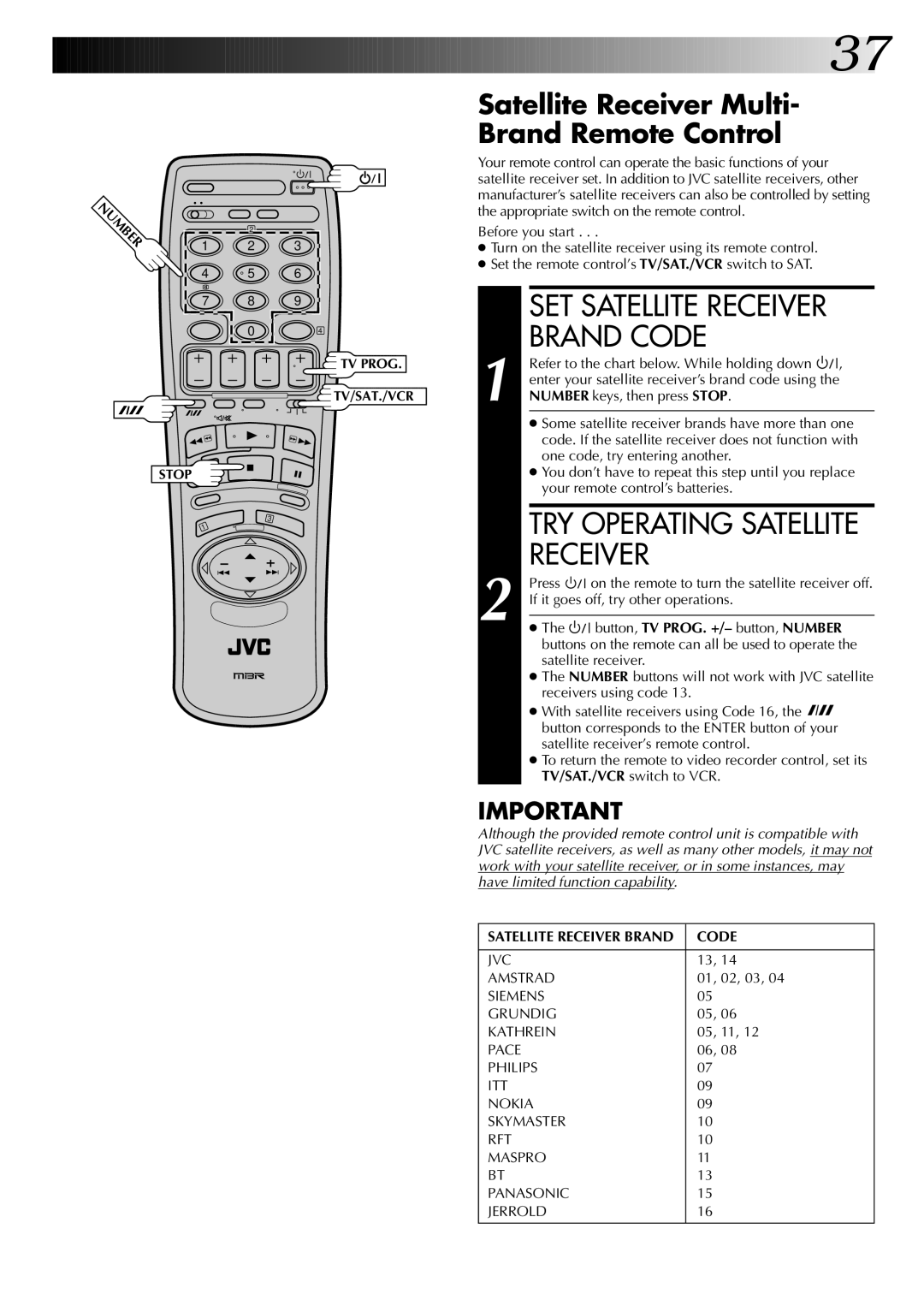 JVC HR-J249EK, HR-J745EK instruction manual SET Satellite Receiver Brand Code, TRY Operating Satellite Receiver 