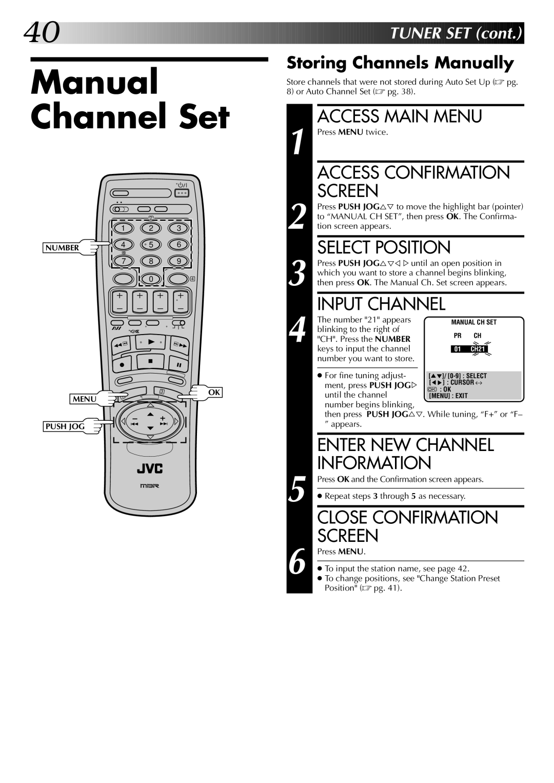 JVC HR-J745EK, HR-J249EK Manual Channel Set, Access Confirmation, Select Position, Input Channel, Enter NEW Channel 