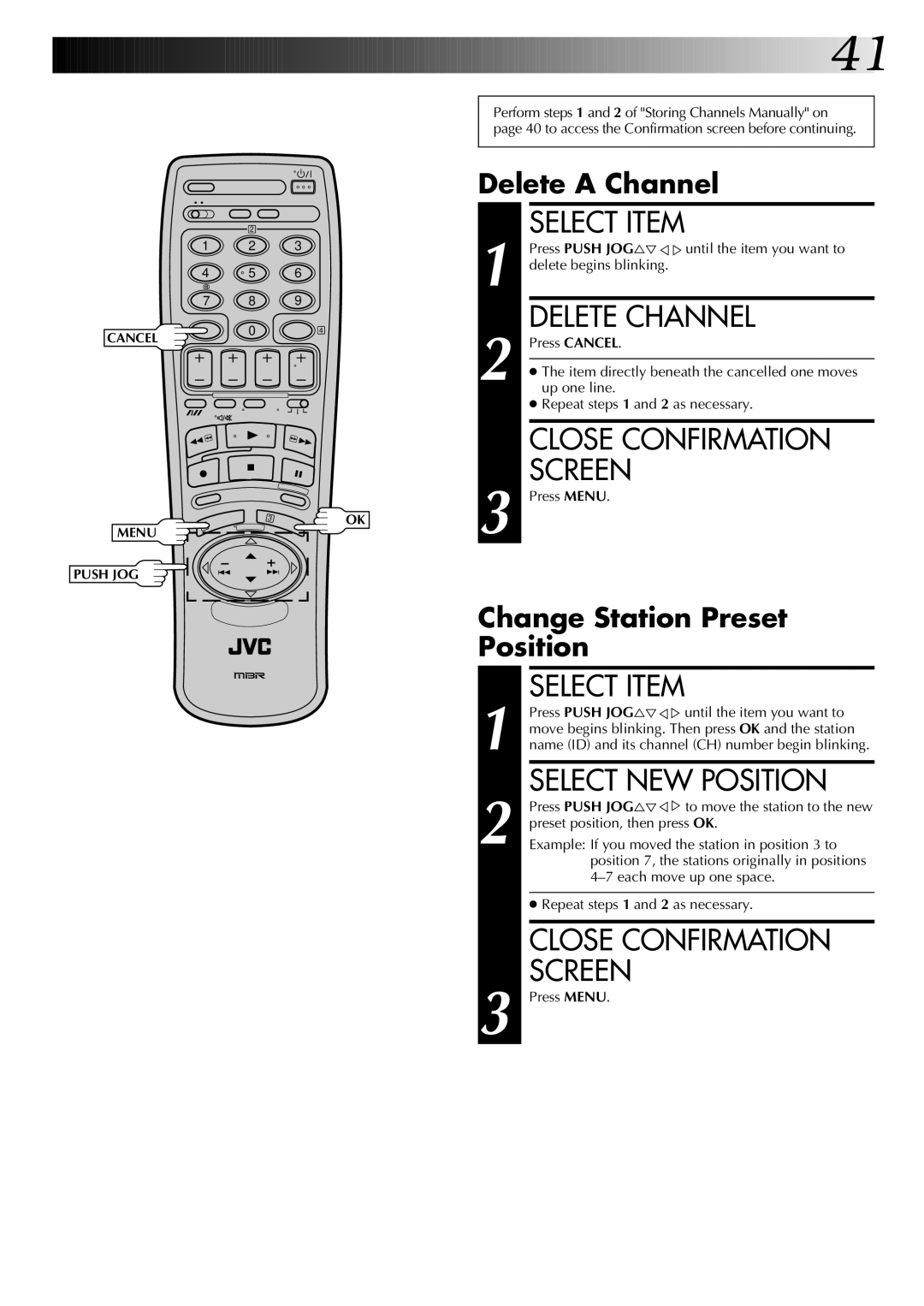 JVC HR-J249EK, HR-J745EK instruction manual Select Item, Delete Channel, Close Confirmation, Select NEW Position 