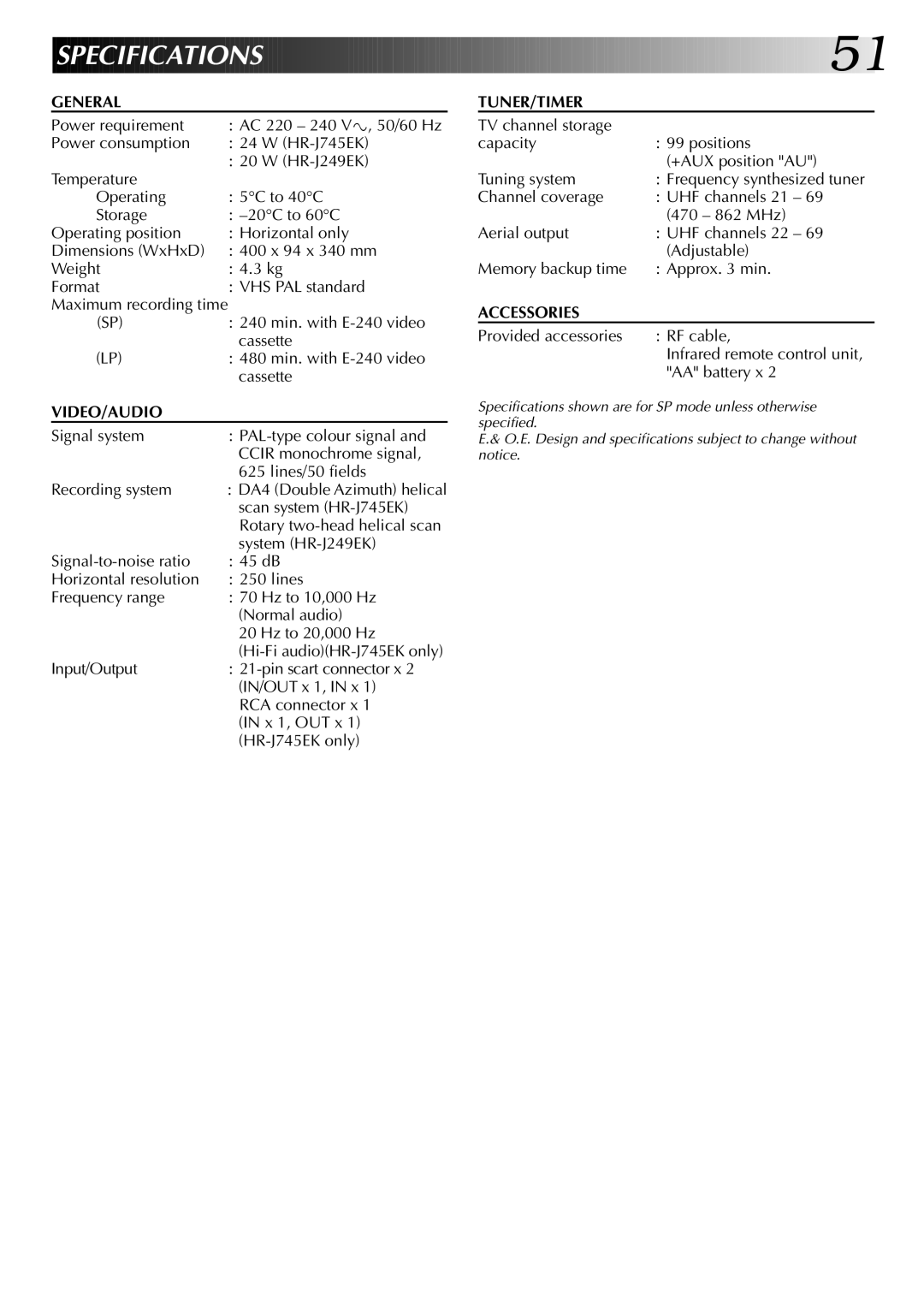 JVC HR-J249EK, HR-J745EK instruction manual Specifications 