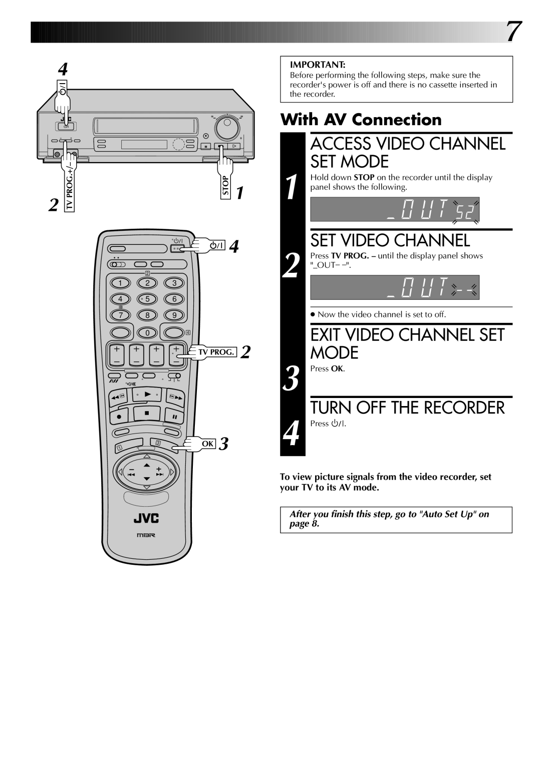 JVC HR-J249EK, HR-J745EK Access Video Channel SET Mode, SET Video Channel, Exit Video Channel SET Mode, With AV Connection 