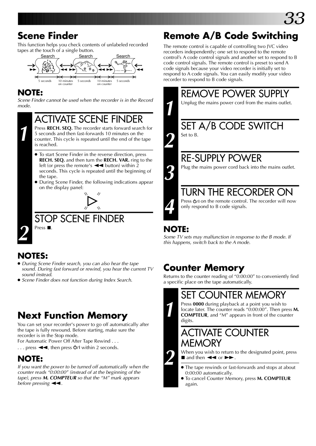 JVC HR-J449MS Activate Scene Finder, Stop Scene Finder, SET A/B Code Switch, RE-SUPPLY Power, SET Counter Memory 