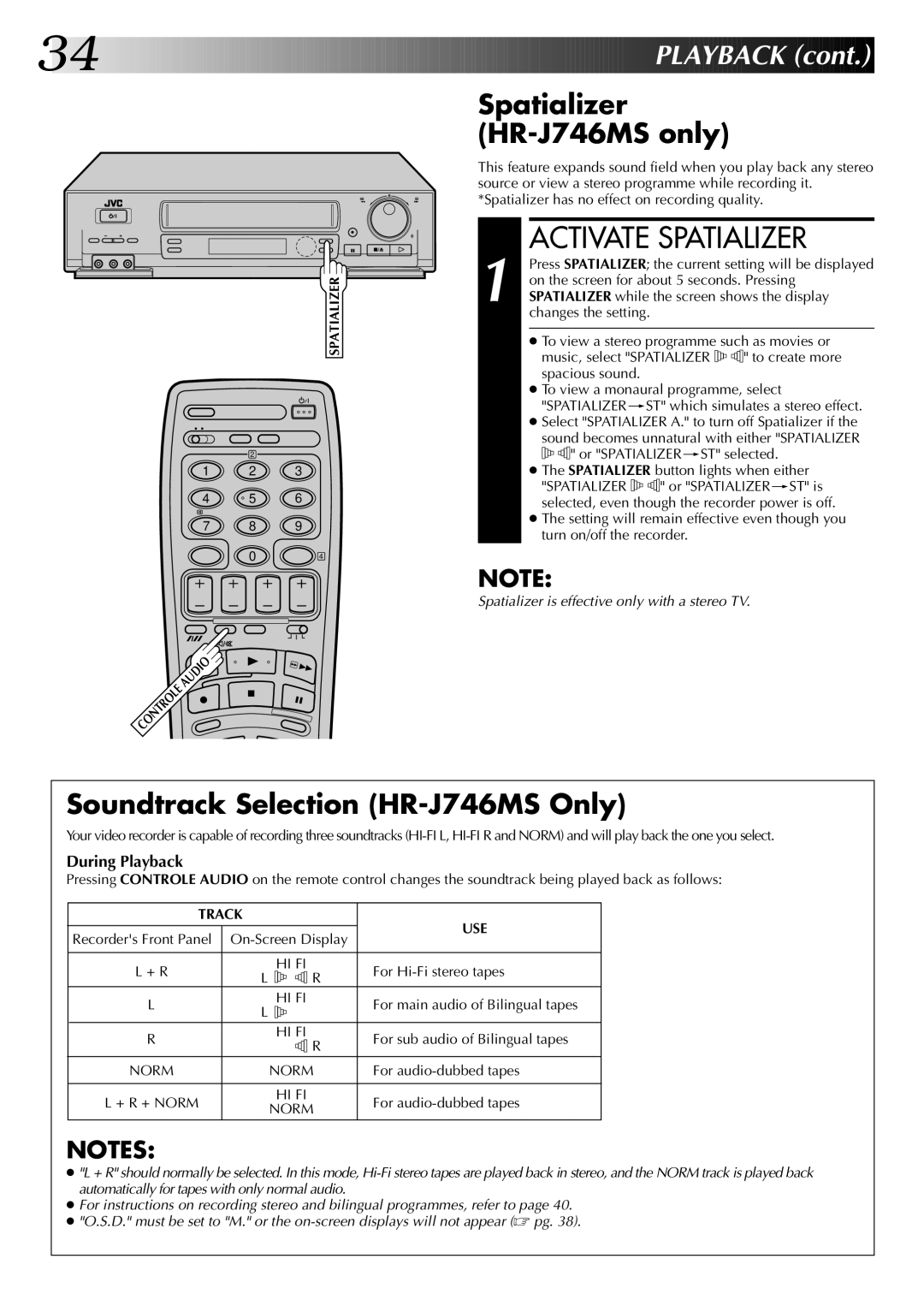 JVC HR-J449MS instruction manual Activate Spatializer, Spatializer HR-J746MS only, Soundtrack Selection HR-J746MS Only 