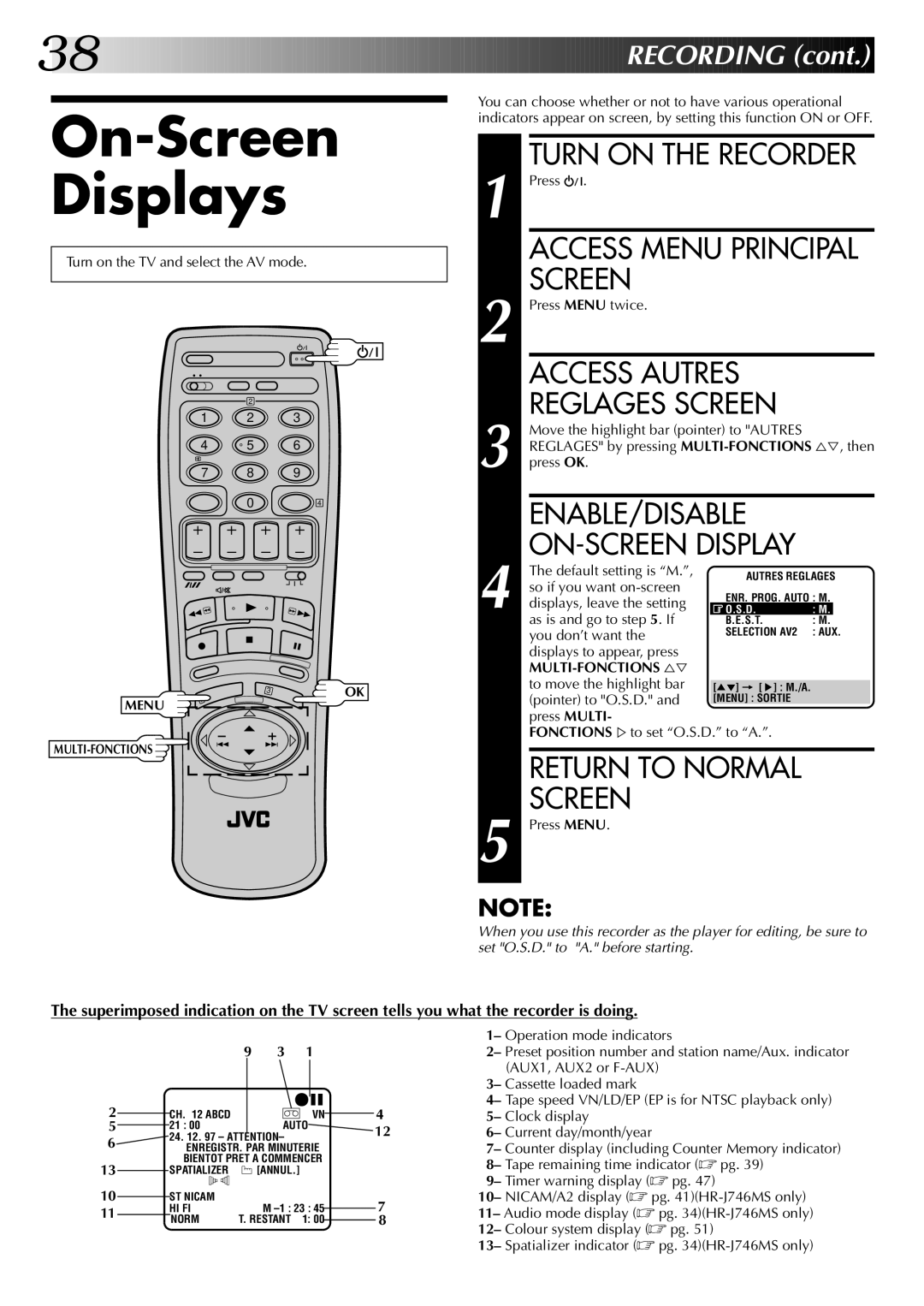 JVC HR-J746MS, HR-J449MS instruction manual On-Screen Displays, Enable/Disable, ON-SCREEN Display 