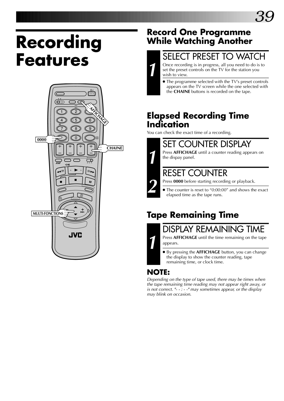 JVC HR-J449MS Recording Features, Select Preset to Watch, SET Counter Display, Reset Counter, Display Remaining Time 