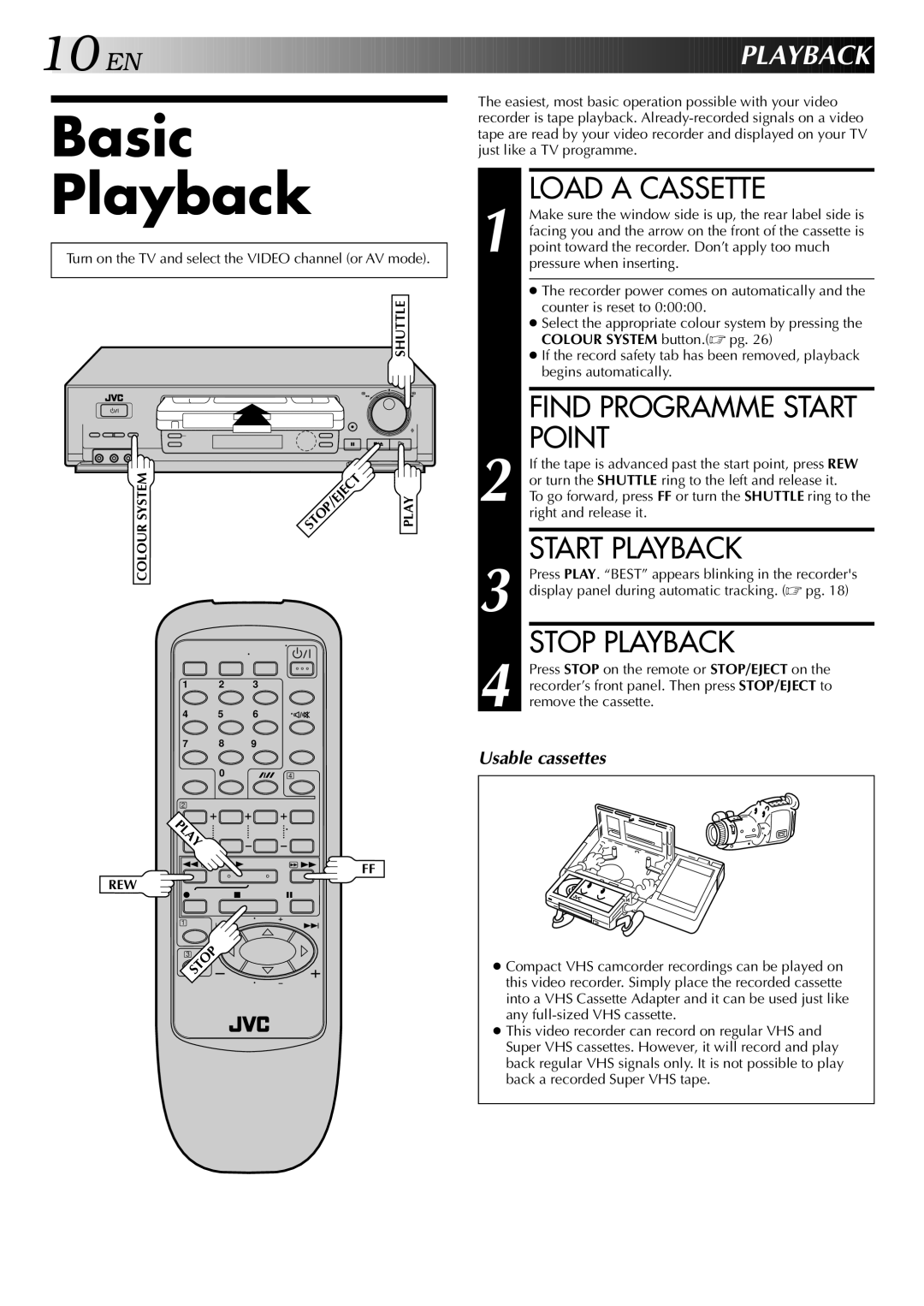 JVC HR-J747MS, HR-J647MS specifications Basic Playback, Load a Cassette, Point, Start Playback, Stop Playback 